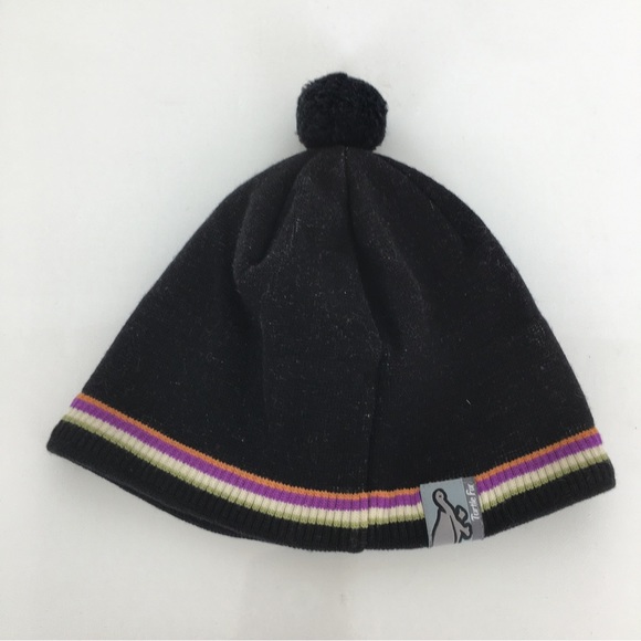 Vintage Turtle Fur Wool Beanie Hat Pom Pom Unisex Black With Colorful Stripes - Picture 7 of 9